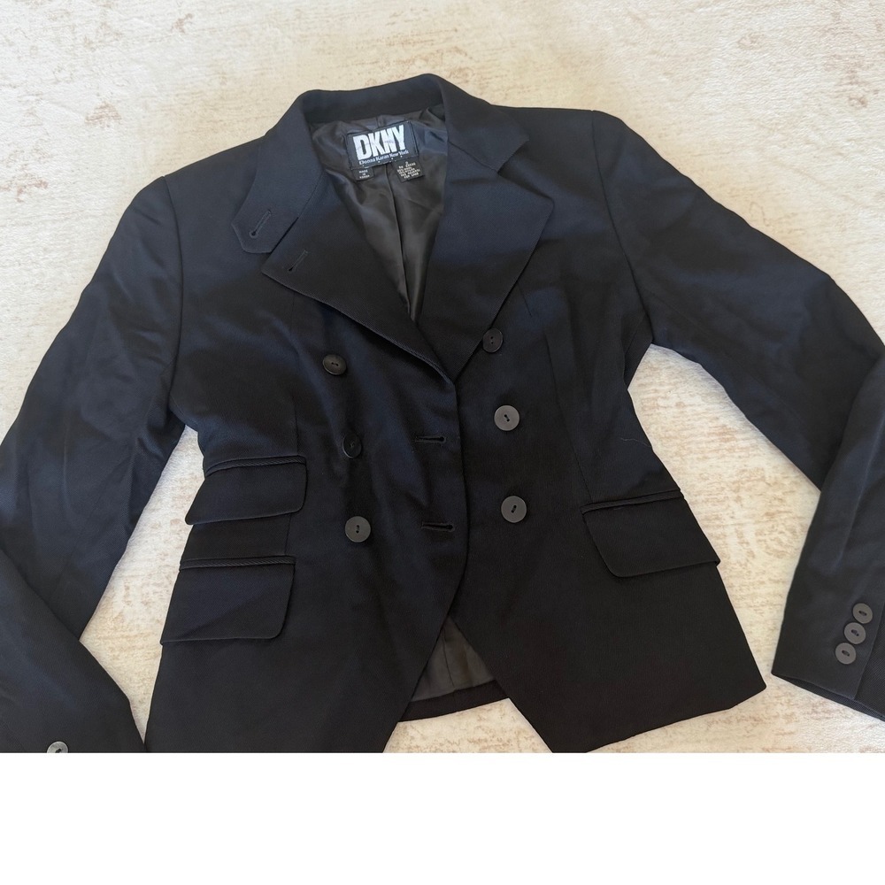 DKNY Donna Karan New York Womens Black Wool Blend Double Breasted Blazer Size 2 - Picture 3 of 16